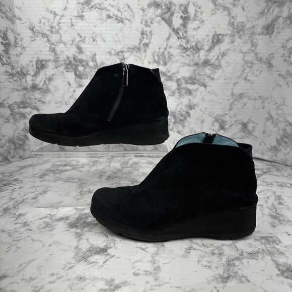 Thierry Rabotin Shoes - Thierry Rabotin Vera Side Zip Low Wedge Booties Size 37.5 / 7 Black Suede